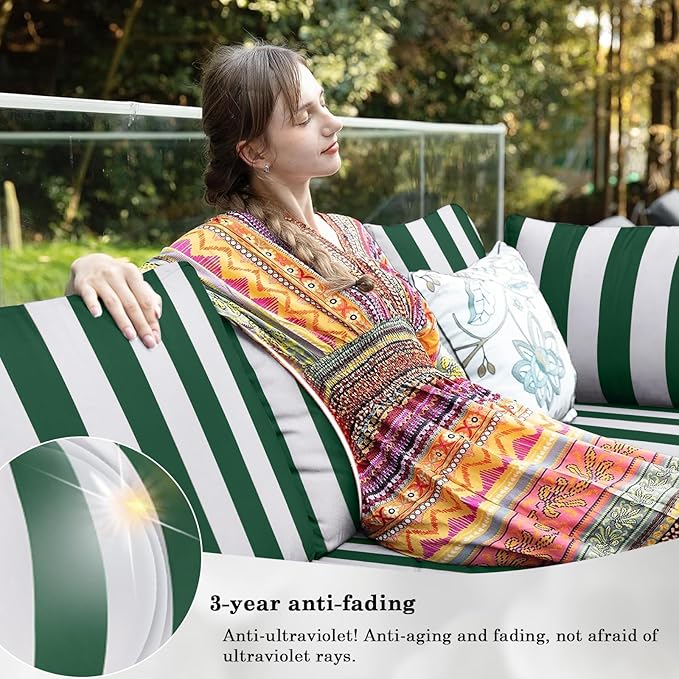 Outdoor Furniture Replacement Cushions, 14 Pcs Water-Resistant Replacement Sofa Cushion for Patio Garden Porch (Liner&Cover,Only Cushions No Sofa) (Green and White Stripes)