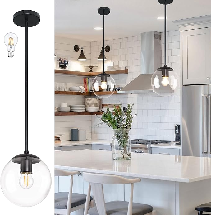 8 Inch Black Mid Century Pendant Light Globe Clear Glass Fixture Lights Kitchen Island Globe Pendant Light Mid Century Adjustable Hanging Farmhouse Lights Fixtures for Kitchen Island