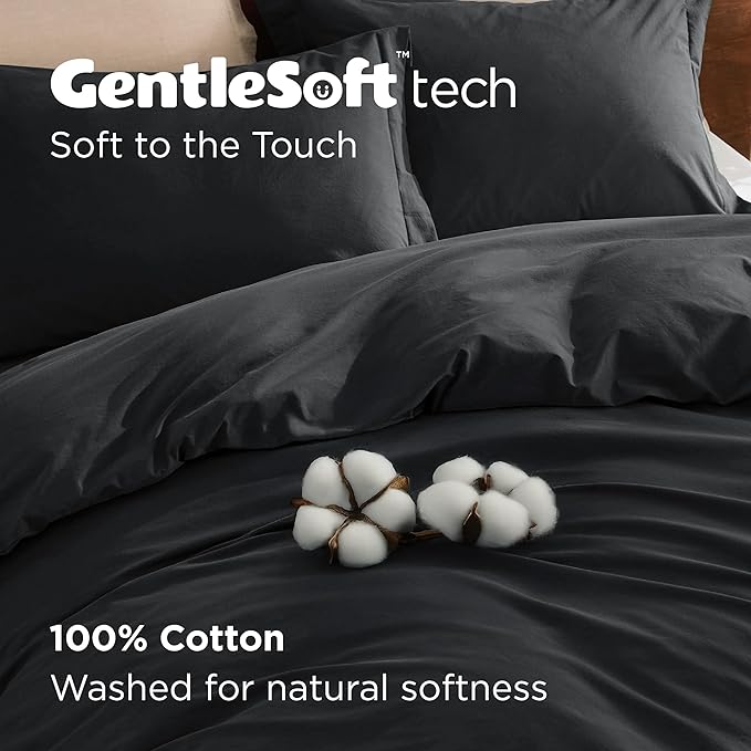 Bedsure 100% Washed Cotton Duvet Cover King Size - Black Minimalist Cotton Duvet Cover Linen Like for All Seasons - GentleSoft™ Plain Simple Bedding, 3 Pieces (Black, King, 104"x90")