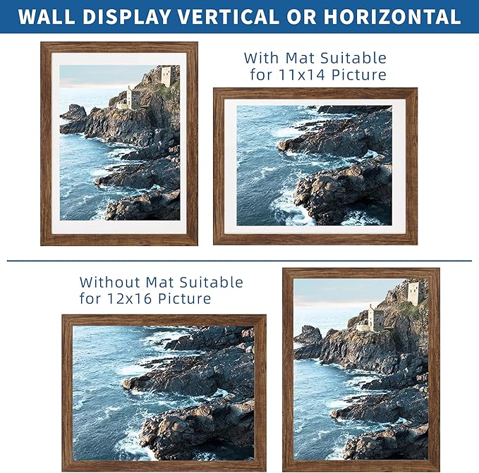 12x16 Picture Frame Set of 2, Rustic Brown Wood Style - Display 12 x 16 Poster without Mat or 11x14 Picture with Mat, Wall Mounting Horizontal and Vertical