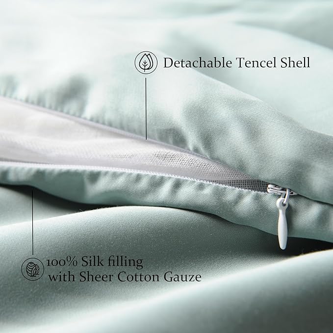 CUDDLE DREAMS Lightweight Silk Filled Comforter for Summer, Detachable Tencel Duvet Cover for Easy Care, Naturally Breathable (Celadon, Twin)