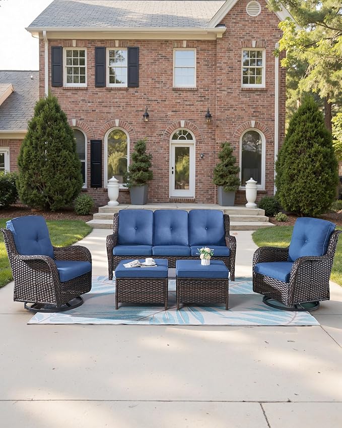 22x25/22x24 Outdoor Furniture Cushions Set of 6 - Comfortable Patio Chair Cushion for Rattan Wicker Dining Rocking Swivel Chairs Loveseat Couch L-Shape Sectional Sofa - Navy Blue/Button