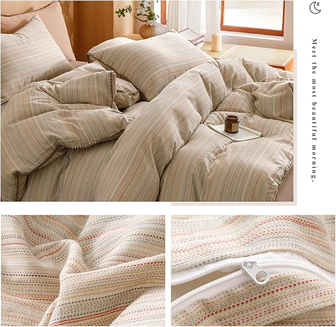 VM VOUGEMARKET Stripes Duvet Cover Set Queen 3pcs Yarn Dyed Muslin Cotton Horizontal Pinstripe Ticking Pattern Bedding Set - Tan Brown Stripe, Queen Size