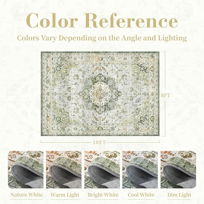 PADOOR-Vintage Area Rug 8X10 Rugs for Living Room-Soft Green Rugs for Bedroom-Machine Washable Rug Non Slip Carpet-Rug for Dining Room Living Room Bedside Office