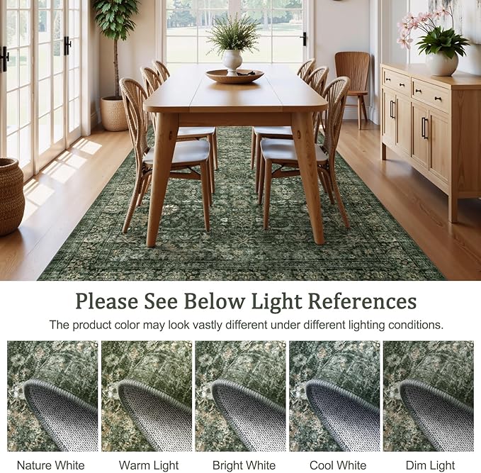 Morebes Washable Green 5x7 Area Rugs, Vintage Soft Bedroom Rug Non Slip, Non-Shedding Distressed Indoor Floor Throw Carpet for Bathroom Kitchen Living Dining Room Playroom Farmhouse