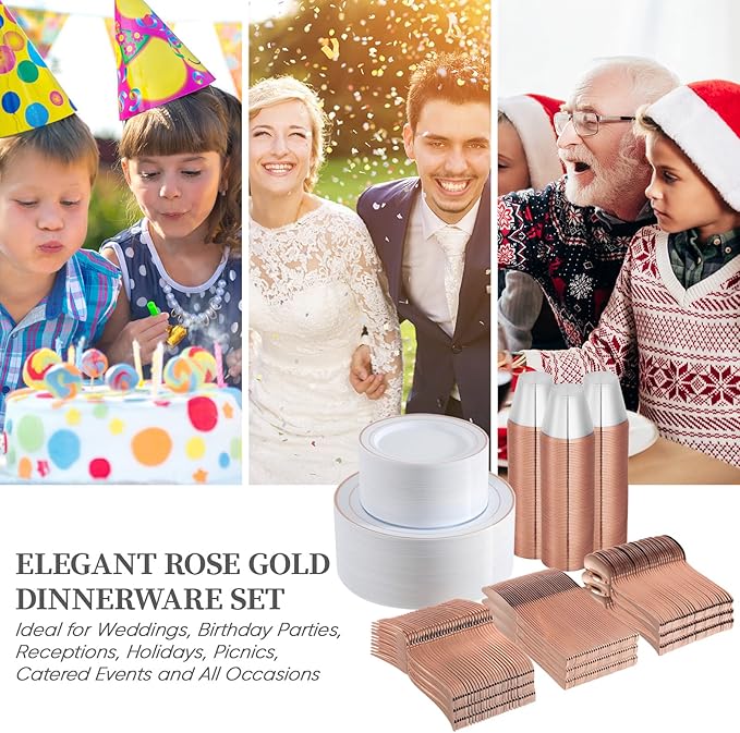 FOCUSLINE 600 Ct Rose Gold Dinnerware Set for 100 Guests - Rose Gold Rimmed White Disposable Plastic Plates, Includes 100 Dinner & Salad Plates, Cups, Cutlery Set for Wedding Parties