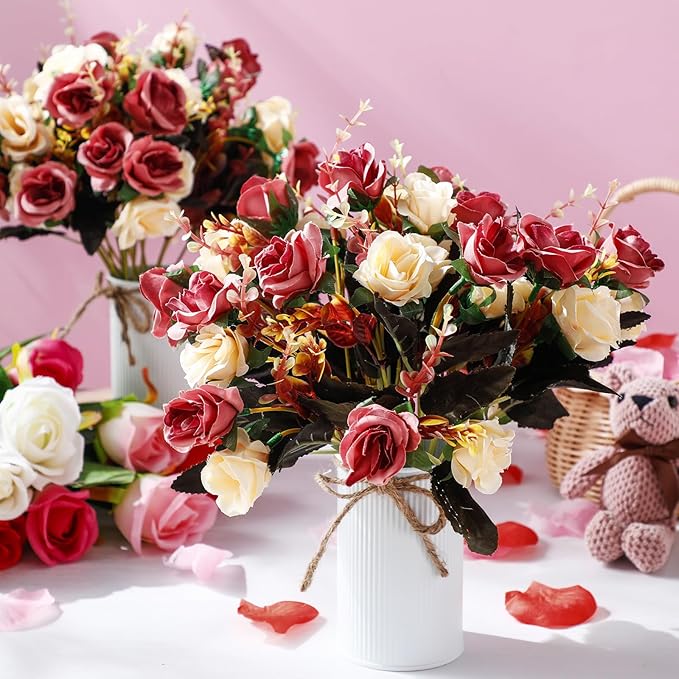 Domensi 3 Sets Wedding Centerpiece for Table Artificial Rose with Vase Fake Bouquets and Metal Pot Floral Arrangements for Holiday Party Event Table Decor (Brown)