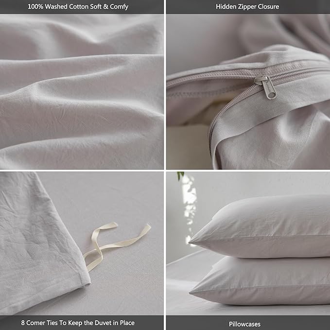 MooMee Twin Duvet Cover Set, 100% Washed Cotton Linen Like Twill Thick Sturdy Material Super Soft Breathable Durable Bedding for All Season, 2 Pieces (Light Gray, Twin 68"x90")