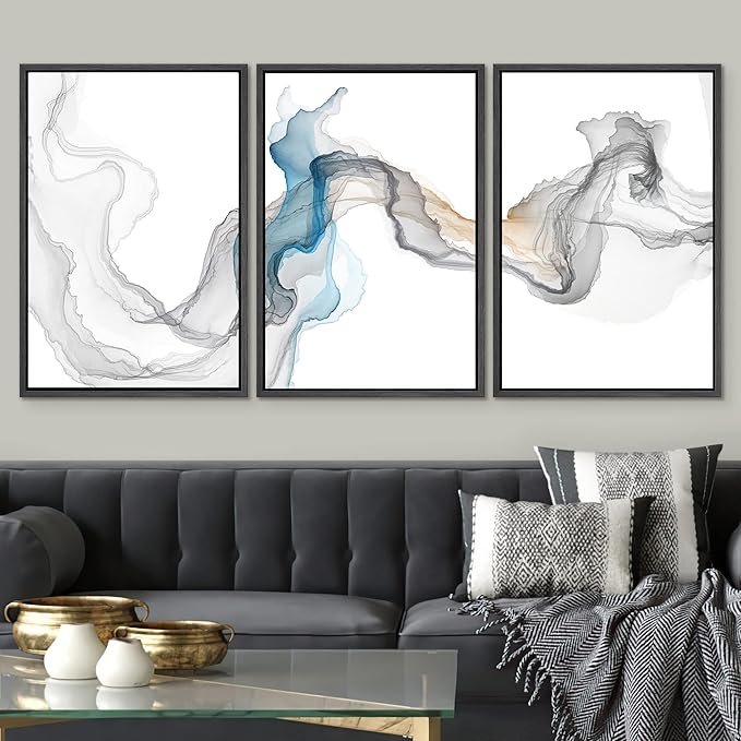 SIGNWIN Framed Canvas Print Wall Art Set Blue Gray Smoke Wave Landscape Abstract Shapes Illustrations Modern Art Decorative Contemporary Colorful for Living Room, Bedroom, Office - 16"x24"x3 Black