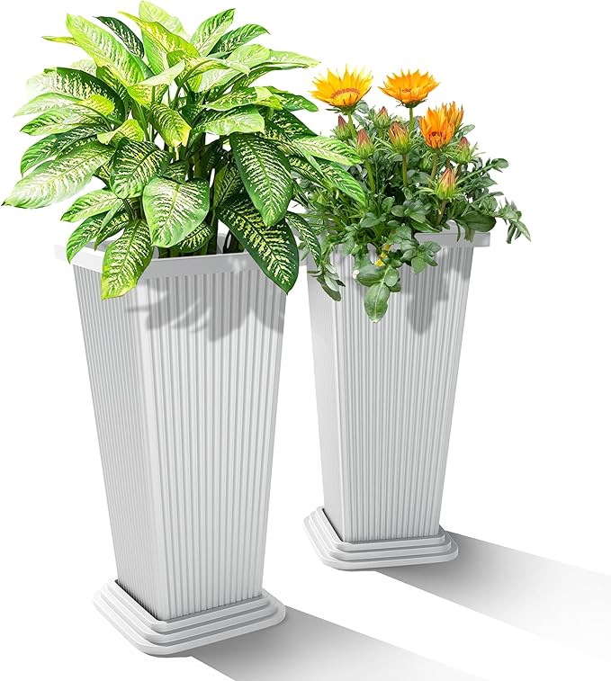 24-Inch Tall Planters Set of 2 for Outdoor and Indoor Use, Tapered Flower Pots with Drainage Tray, Front Porch and Patio Decor, Ideal for Large Plants (Stripes-White)