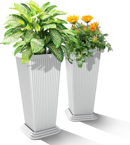 24-Inch Tall Planters Set of 2 for Outdoor and Indoor Use, Tapered Flower Pots with Drainage Tray, Front Porch and Patio Decor, Ideal for Large Plants (Stripes-White)