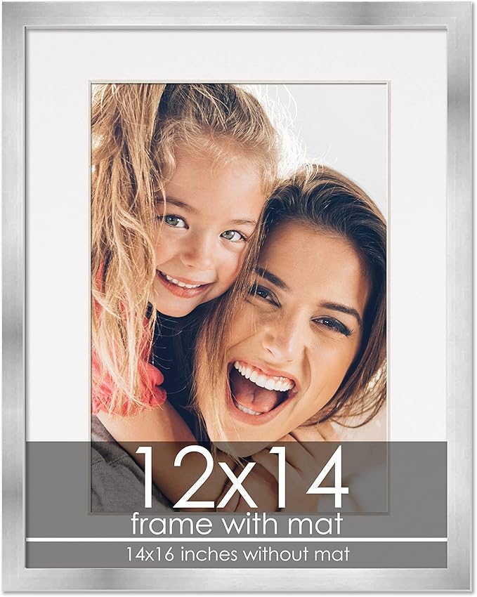 12x14 Frame with Mat - Silver 14x16 Frame Wood Made to Display Print or Poster Measuring 12 x 14 Inches with White Photo Mat