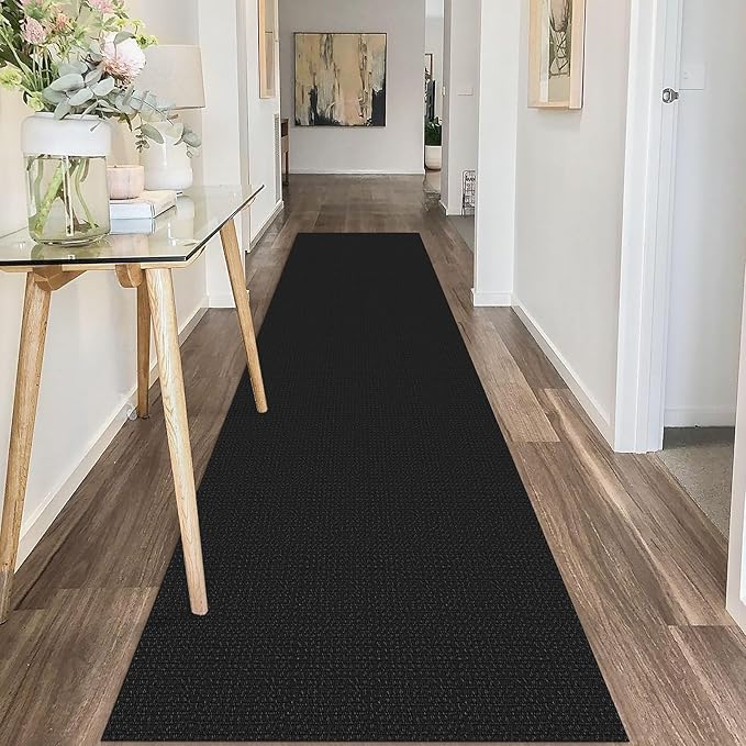 IOHOUZE Washable Runner Rug 2x10 Non Slip Rubber Backed Long Hallway Runner Entryway Runner Indoor, Kitchen Rugs Woven Cotton Floor Carpet for Hall Entrance, Black/Grey