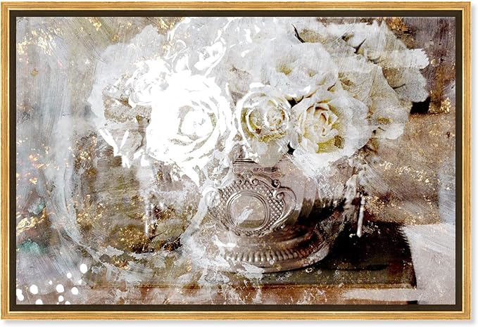 The Oliver Gal Artist Co. Floral and Botanical Framed Wall Art Canvas Prints 'Serving Roses' Florals, White, Gold, 24" x 16"