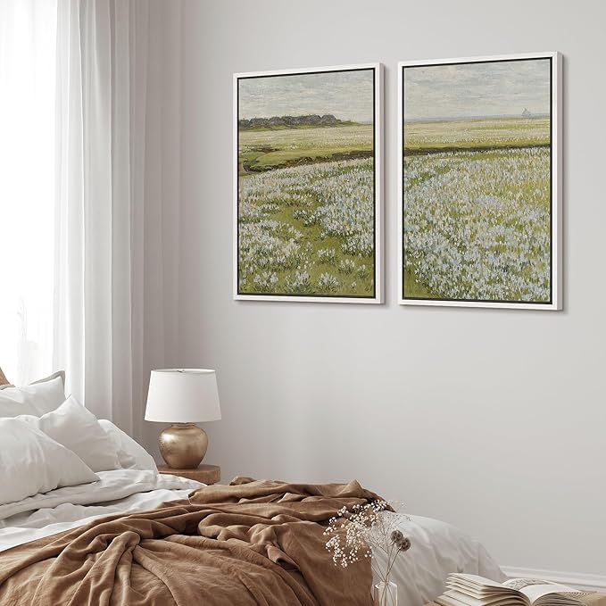 MUDECOR Framed Canvas Print Wall Art Fields of White Flowers Serene Nature for Home Decor Nature Wilderness Illustrations Realism Decorative Scenic for Living Room, Bedroom, Office - 24"x36"x2 White