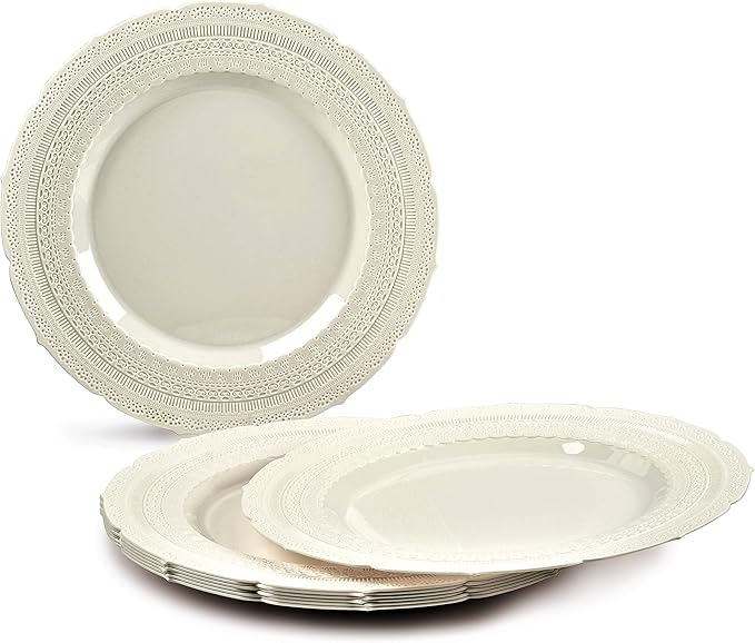 " OCCASIONS " 240 Plates Pack,(120 Guests) Extra Heavyweight Vintage Wedding Disposable/Reusable Plastic Plates 120x 11'' Dinner + 120 x 8.25'' Salad/Dessert Plate (Chateau Ivory)