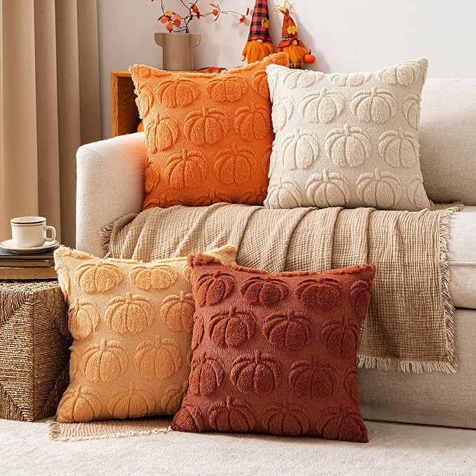 MIULEE Fall Pumpkin Pillow Covers 18x18 Inch Set of 4 - Soft Cozy Plush Decorative Pillows with Embroidered Pumpkin Pattern Autumn Halloween Holiday Decor for Sofa Couch Bed Living Room,Rust-Beige