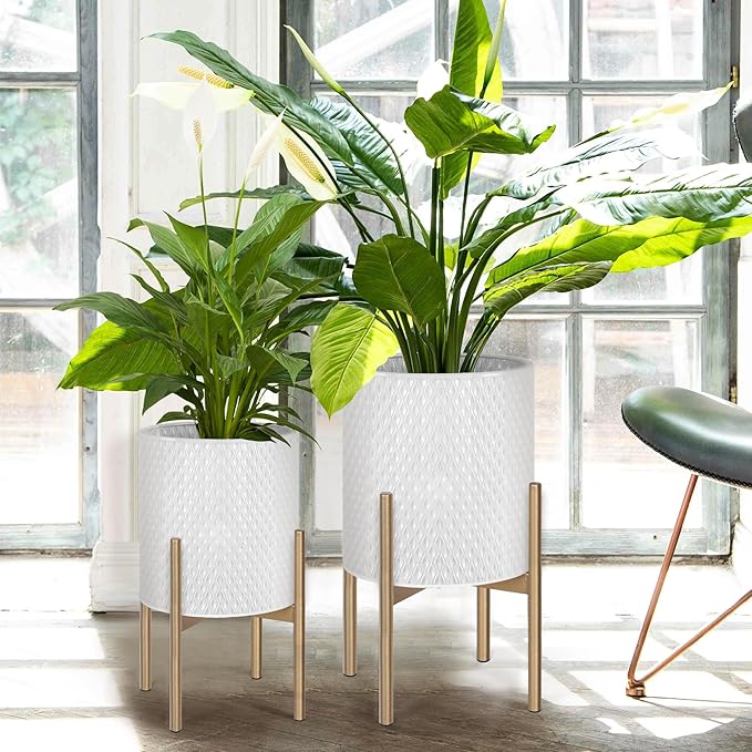 Oakrain Mid Century Planters for Indoor Plants, Set of 2, Modern Decorative Metal Planters for Living Room, Office, Garden or Balcony, White Planters with Stands, 10 inch & 12 inch