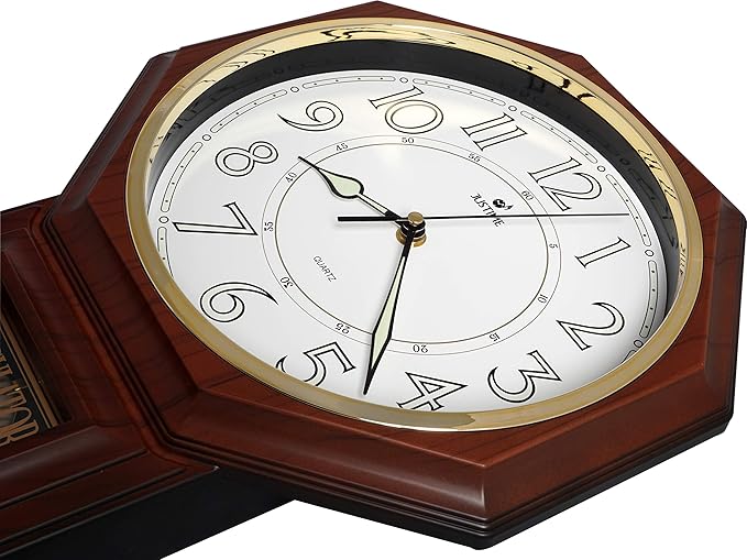 JUSTIME Traditional Schoolhouse Luminious Arabic Regulator Wall Clock, Chiming Wall Clocks with Pendulum & Westminster Chime Hourly, Schoolhouse Wall Decor Battery Operated (Dark Wood Grain)