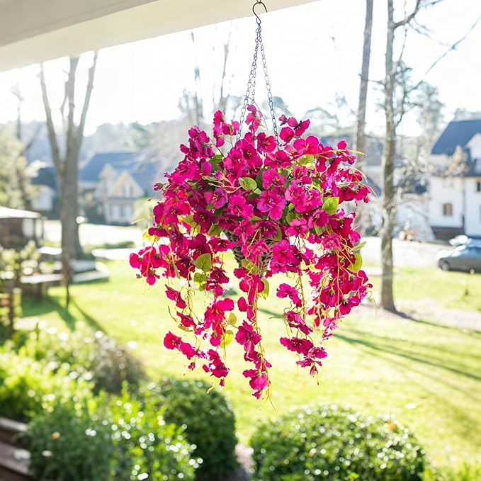 Ivydale Artificial Faux Hanging Flowers Plant Baskets for Outdoors Decoration, Fake Hibiscus UV Resistance Realistic Silk Flower for Outside Home Patio Porch Balcony Garden Wedding, Fuchsia