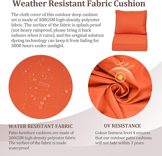 Waterproof Outdoor Chair Cushion Set of 4, 24x24x5 IN Deep Seat Patio Cushions with Fade Resistant Removable Cover,Outdoor Cushions for Patio Furniture with Ties&Handle for Chair Sofa Couch,Orange