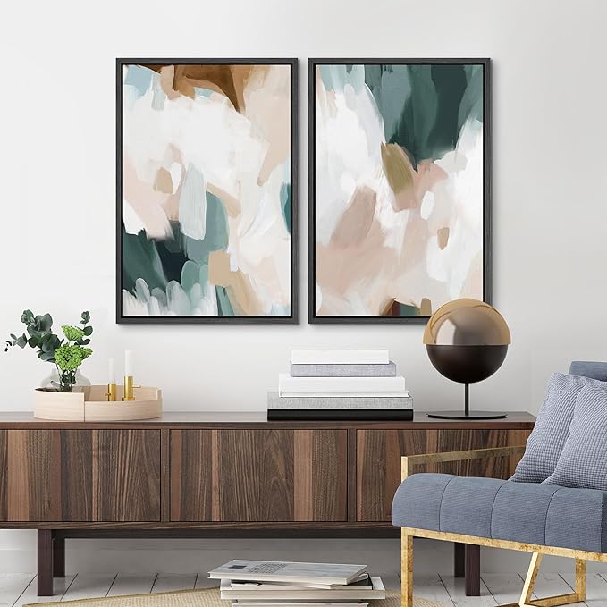 MUDECOR Framed Canvas Print Wall Art Watercolor Pastel White Blue Pattern Abstract Illustrations Modern Art Decorative Bohemian Colorful Chic for Living Room, Bedroom, Office - 16"x24"x2 Black