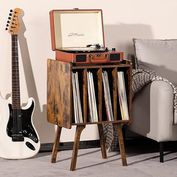 LELELINKY Record Player Stand,Vinyl Record Storage Table with 4 Cabinet Up to 100 Albums,Rustic Brown Mid-Century Turntable Stand with Wood Legs,Vinyl Holder Display Shelf for Bedroom Living Room