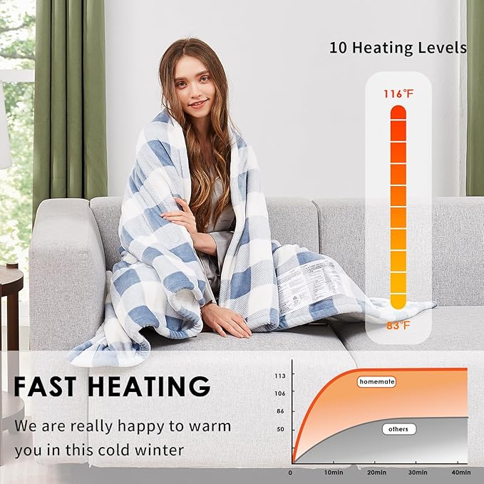 Homemate Electric Blanket Heated Queen Size - 84“x90“ Ultra Soft Cozy Flannel Heating Blanket with 10 Fast Heat Levels 8 Hours Auto Off Over-Heated Protection ETL Certification Keep Warm in Home