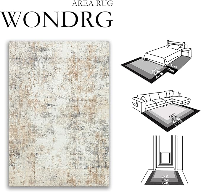10x12 Washable Area Rug Gold Grey Neutral Abstract Living Room Bedroom Large Throw Rug Non Slip Soft Low Pile Indoor Floor Carpet for Dining Room Kitchen Office Entryway