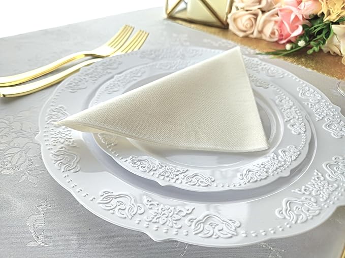 " OCCASIONS " 50 Plates Pack (25 Guests) Vintage Wedding Party Disposable Plastic Plate Set -25x10.25'' Dinner +25x7.5'' Salad/Dessert plates (Portofino Plain White)