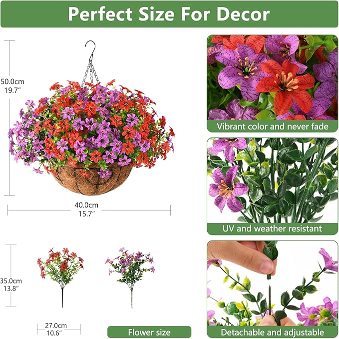 INQCMY Artificial Hanging Flowers Plants Basket for Outdoor Spring Summer Decoration,Fake Silk Colorful Daisy in Planter UV Resistant Realistic for Outside Home Porch Patio Yard Balcony Decor