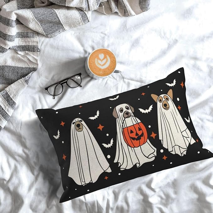 Halloween Pillow Covers 12x20 Pack of 2 Black Beige Dogs Bat Throw Pillow Covers Outdoor Decor,Autumn Holiday Decoration Black Pillowcase Farmhouse Linen Decorative Cushion Case for Couch Sofa