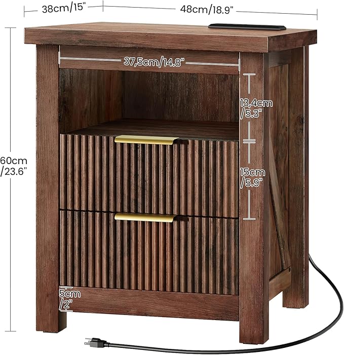 Fluted Nightstand, End Table with Charging Station and 2 Drawers, Farmhouse Nightstands with Fluted Panel, Engineered Wood Side Table for Bedroom Walnut MBZ06UHT
