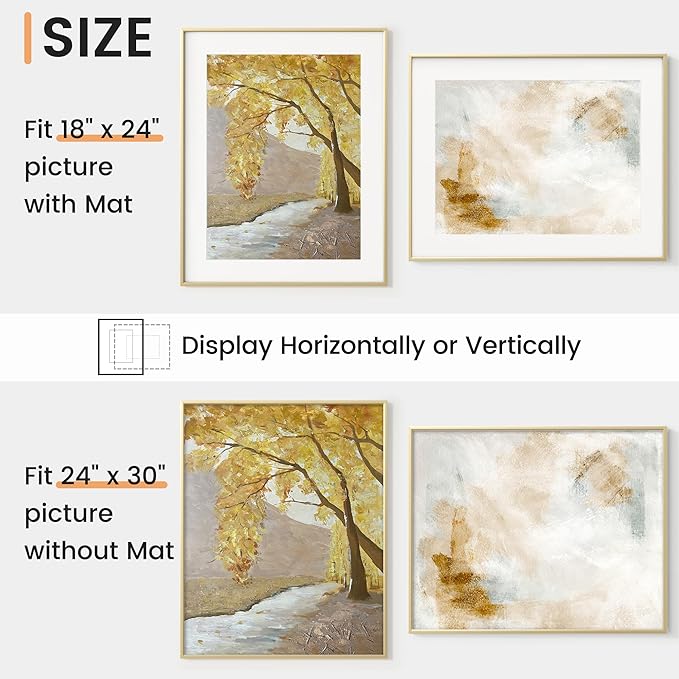 24x30 inch Metal Poster Frame - 24 x 30 Thin Aluminum Picture Frames Matted for 18x24 Photos, Artworks, Prints, Puzzle - High Definition Plexiglass - Vertical and Horizontal Display - Wall Hook Hanging Hardware Included - Gold, Set of 1