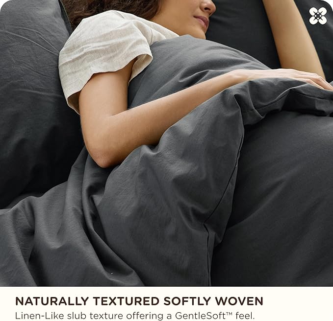 Bedsure Cotton Duvet Cover King - Luxury Slub Weave 100% Cotton Duvet Cover Set with a Linen Like Textured, Easy Change Durable Bedding Set 3 Pieces, Charcoal, 104" x 90"