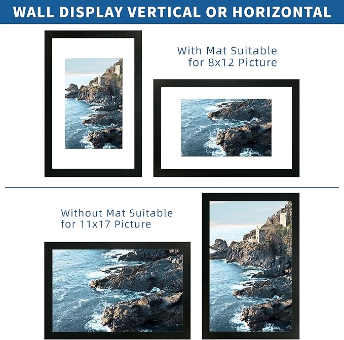 11x17 Frame Set of 2, Rustic Black Wood Style - Display 11 x 17 Poster without Mat or 8x12 Picture with Mat, Wall Mounting Horizontal and Vertical