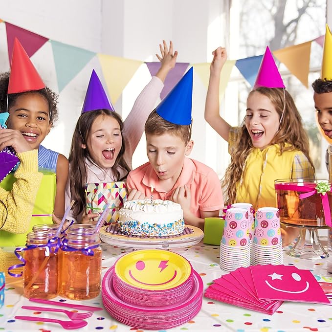 400 Pieces Preppy Smiley Face Party Tableware Set Paper Smile Face Plates Napkins Paper Cups Cutlery for Preppy Birthday Party Decorations Baby Shower Decor, Serve 50 Guest