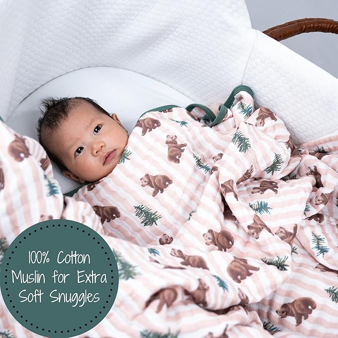 LollyBanks Muslin Baby Blanket 100% Organic Cotton, Muslin Quilt Lightweight, 6 Layers Soft Blanket Neutral, 47"x 47" Toddler Blankets for Girls and Boys, Nursery Receiving Blankets (Bear Print)