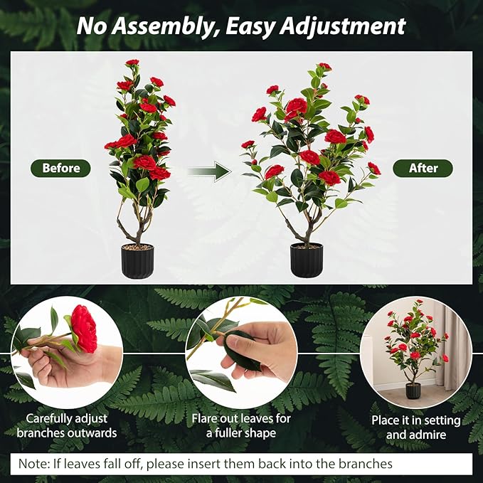 Goplus 38’’ Artificial Camellia Tree, 2 Pack Flower Plants Artificial Tree, Faux Floral Plant Blooming Tree in Cement Pot, Greenery Potted Plant for Indoor Outdoor Office Home Porch Decor