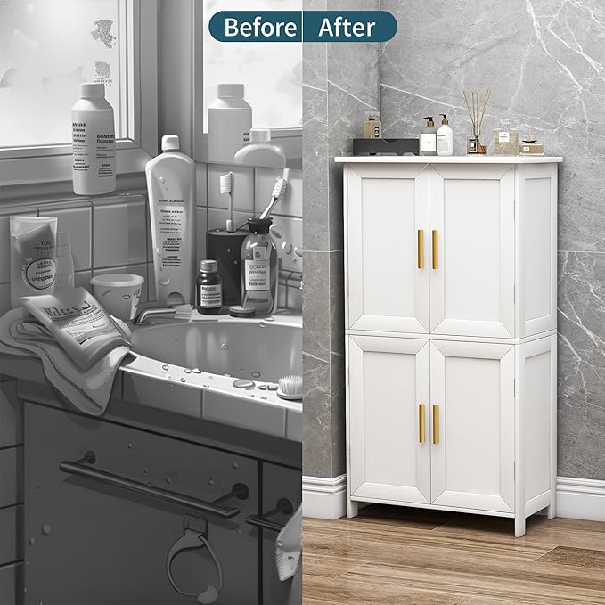 Bathroom Storage Floor Cabinet Freestanding Organizer with Adjustable Shelves for Bathroom Bedroom Laundry Room,4 Doors