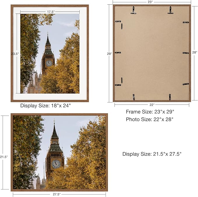Axeman 22x28 Picture Frame with Mat for 18x24, Solid Oak Wood Poster Frame with Tempered Glass, Wooden 22''x28'' Minimalist Photo Frame Puzzle Frame with Wall Hooks for Art Photo and Prints, Walnut