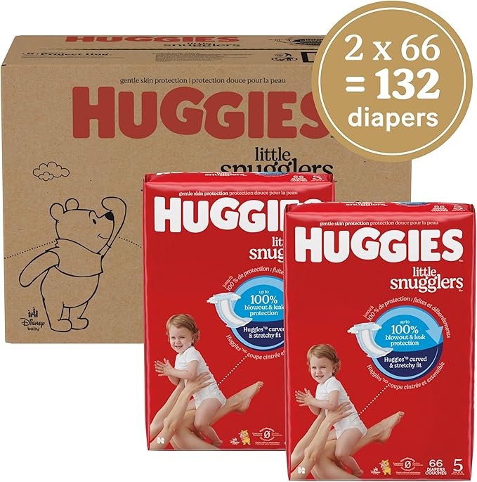 Huggies Size 5 Diapers, Little Snugglers Baby Diapers, Size 5 (27+ lbs), 132 Count (2 Packs of 66), Packaging May Vary