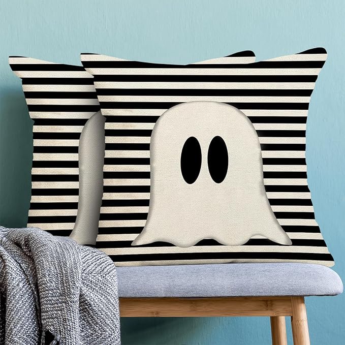 Halloween Pillow Covers 16x16 Set of 2 Cute Black Stripe Ghost Throw Pillow Covers Halloween Pillows Decorative Pillow Covers for Halloween Home Decoration Cushion Case for Couch Sofa Decor