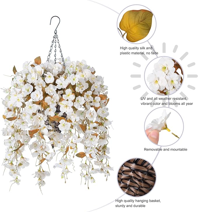 Ivydale Artificial Fall Hanging Flowers with Basket for Outdoors, Fake Hibiscus Vines Faux Hanging Plants UV Resistant Realistic Silk Flowers for Outside Planters Home Patio Porch Balcony, Fall White