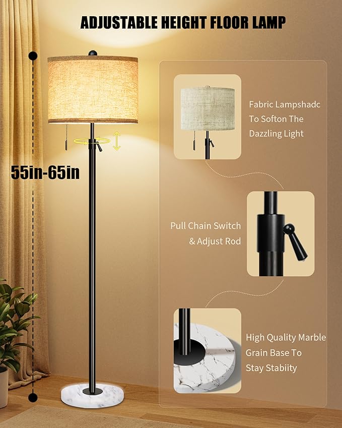 Floor Lamp for Living Room - Adjustable Height Standing Lamp with Marble Base & Linen Shade - Tall Pole Floor Light with 3 Color Temperatures Bulb for Bedroom, Reading - Easy Assembly