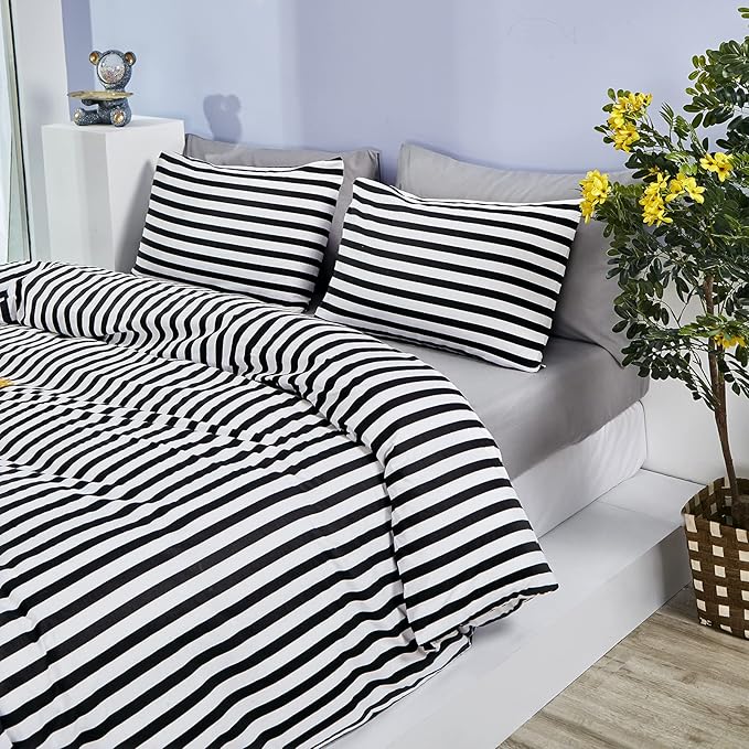 CLOTHKNOW Striped California King Comforter Sets Black White Bedding Comforter Sets All Season Farmhouse Ticking Comforter with 2 x Pillow Cases