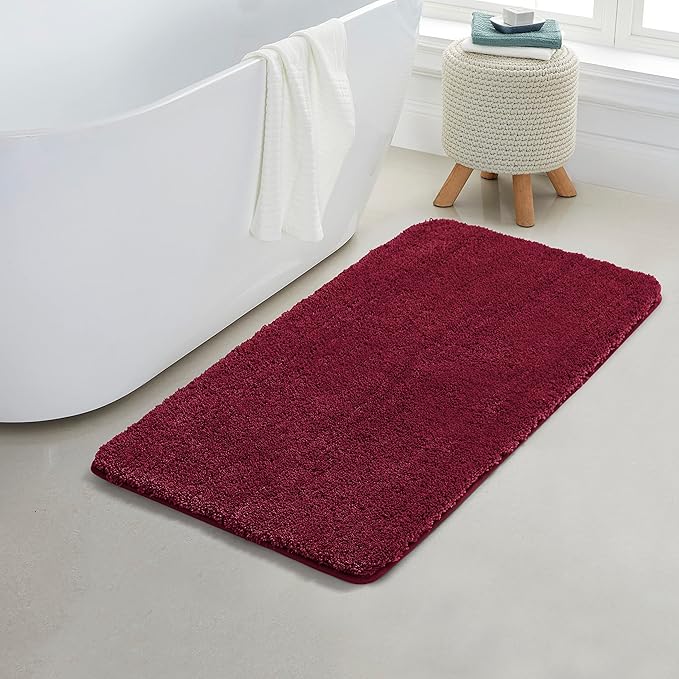 YHF Bathroom Rugs 24" X 47", Extra Thick & Soft Microfiber Shaggy, Machine Washable Bath Mats, Absorbent Bath Rugs, Non-Slip Rubber Backing Bath Mat for Bathroom Floor, Tub and Shower, Burgundy