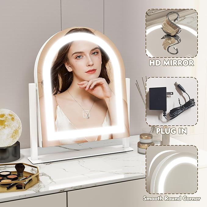 Lighted Makeup Mirror with 3-Color Dimmable Lighting, with Removable 10x Magnifier, Smart Touch Control, 360° Rotation, 15" x 13" Hollywood Vanity Mirror for Tabletop or Desk (White)