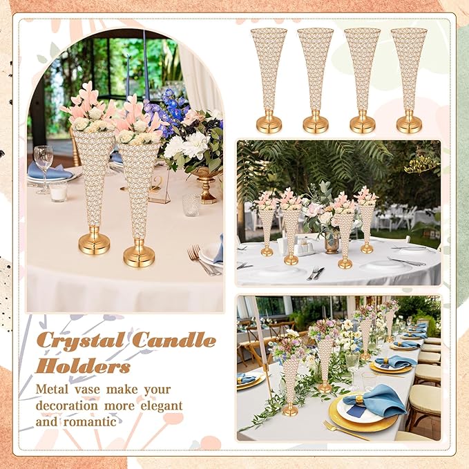 Rtteri 4 Pcs 20 Inch Tall Crystal Vase for Centerpieces Wedding Metal Crystal Trumpet Flower Vase Stand for Table Floor Wedding Party Favor Banquet Celebration, Classic Elegance(Gold)