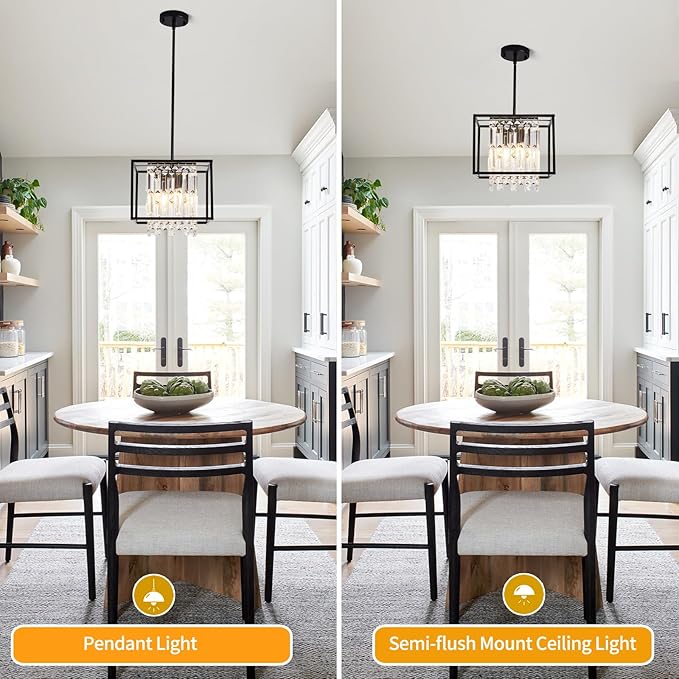 Kitchen Island Pendant Lighting,Modern Industrial Crystal Black Pendant Light Fixture,Adjustable Pendant Hanging Light for Dining Room Living Room Foyer Hallway Entry (4 Lights 11.8")